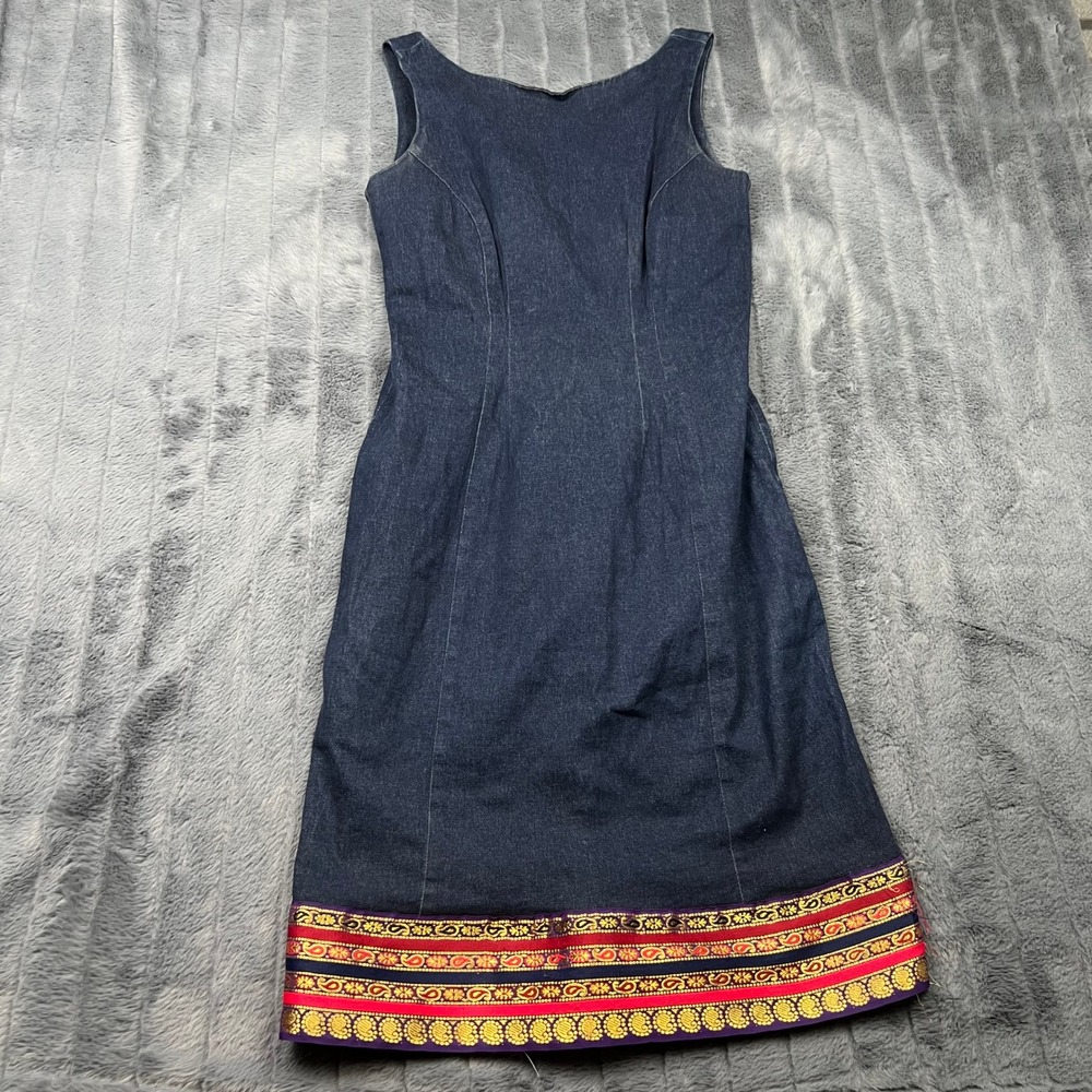 Harlow Dresses Womens Blue Denim Sleeveless Sheath Dress Paisley Trim Size 8